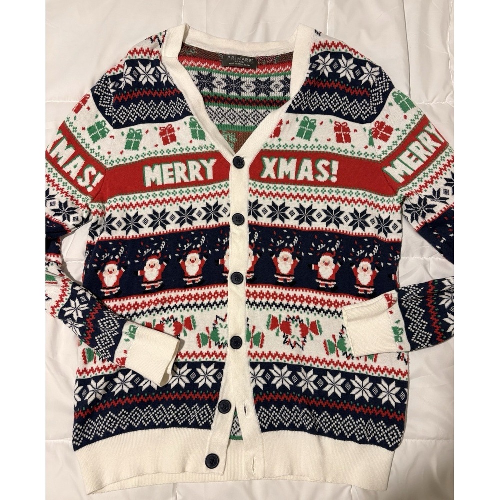 Primark Women's XL Christmas Fair Isle Santa Knit Button V-Neck Cardigan Sweater